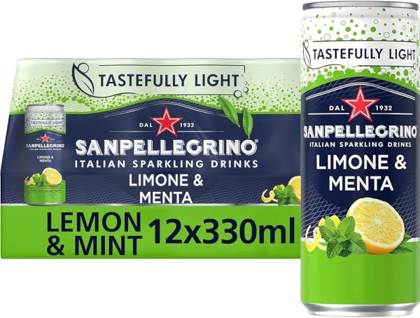 Italian Sparkling Lemon & Mint Drink – Light & Refreshing Soft Drink – 12 x 330ml Cans, 74 kCals Each
