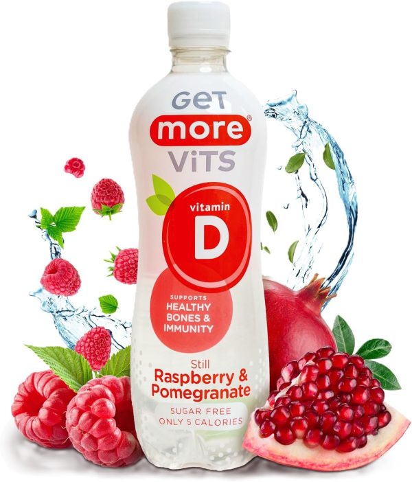 Get More Vits - Vitamin D Still Raspberry & Pomegranate Spring Water (12 x 500ml), Support Healthy Bones, Teeth & Muscles, Boost Immune System, Sugar Free, Low Calorie, Natural Flavours, Vegetarian