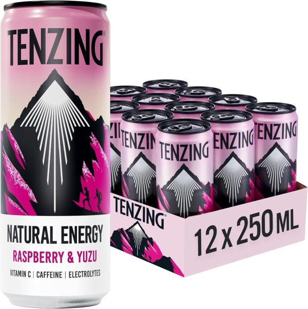 TENZING Natural Energy Drink, Plant Based, Vegan, & Gluten Free Drink, Raspberry & Yuzu, 250ml (Pack of 12) - Packaging may vary