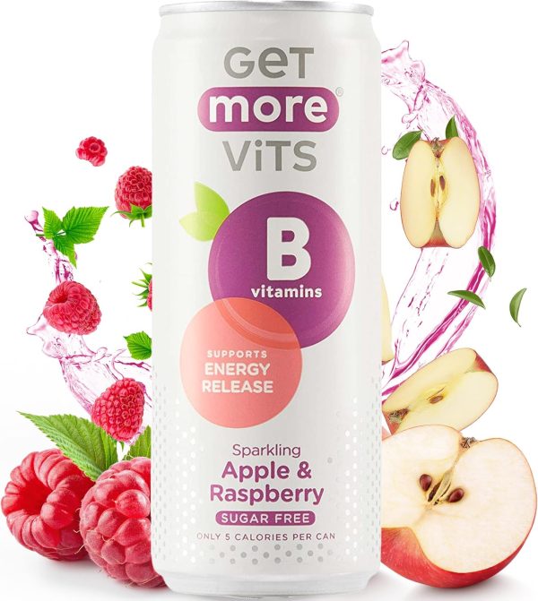 Get More Vits - B Vitamins Sparkling Apple & Raspberry Flavoured Spring Water (12 x 330ml), Supports Energy Release, Tackle Tiredness & Fatigue, Natural Flavours, Sugar Free, Low Calorie, Vegan