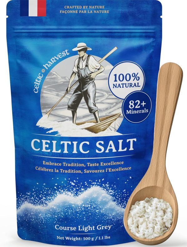 Celtic Harvest Celtic Sea Salt - 500g | 100% Unrefined Celtic Sea Salt | Abundant in 82+ Essential Minerals & Nutrients | Hand-Harvested Light Grey Salt Crystals from France